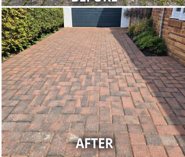 Block-paved driveway before and after cleaning after cleaning