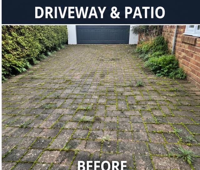 Block-paved driveway before and after cleaning before cleaning