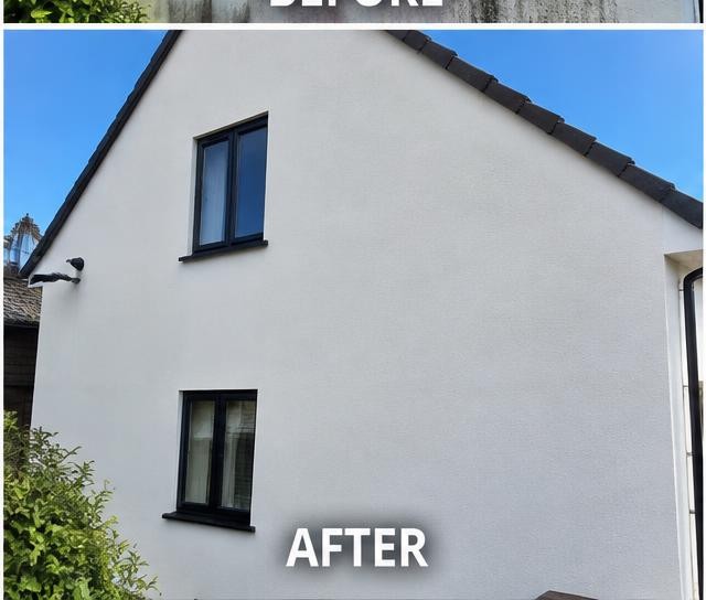 Rendered wall before and after render cleaning after cleaning