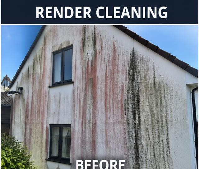 Rendered wall before and after render cleaning before cleaning